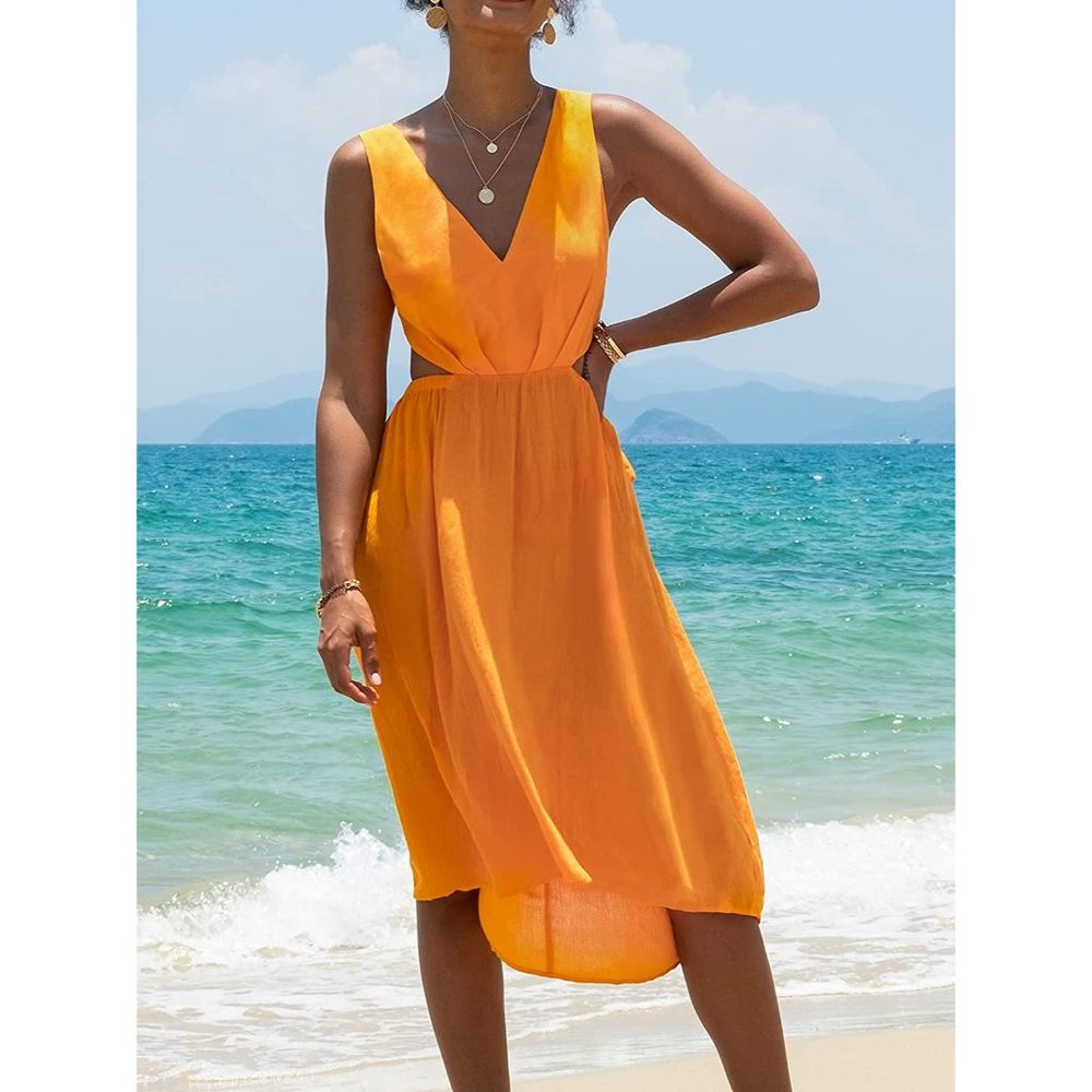 NEW Orange V Neck Cut Out Back Bathing Suit Coverup Dress Size Small